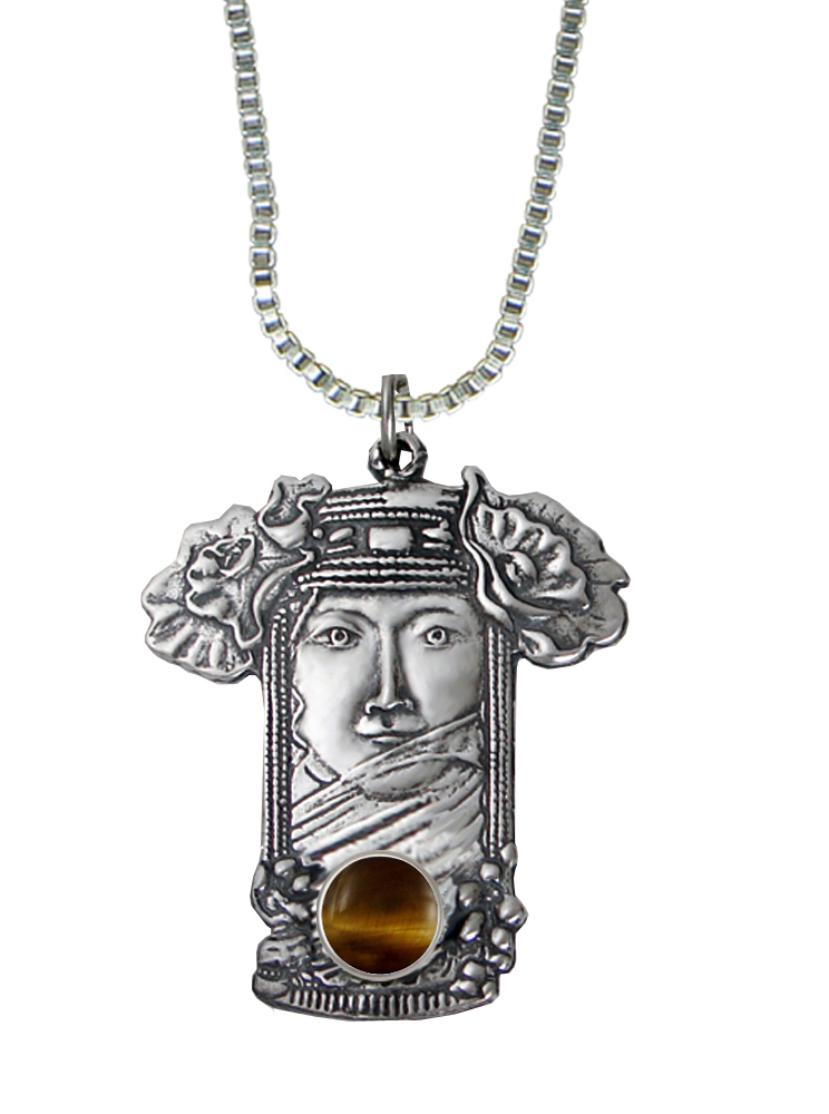 Sterling Silver Veiled Woman Maiden Pendant With Tiger Eye